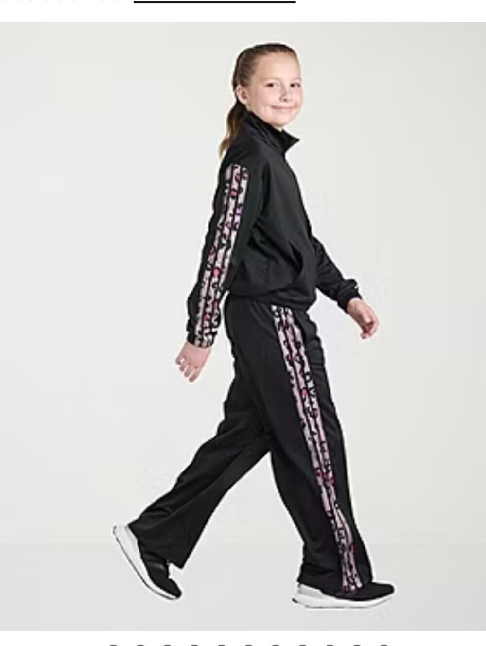 Adidas Black Girls' Athletic Track Set with Pink Leopard Accent Stripe